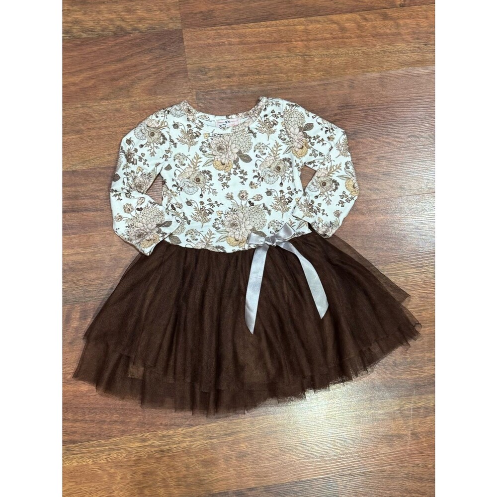 Pete + Lucy - Girls Floral Cream Top with Brown Tulle Skirt Dress